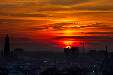 Sunset at the city of Wroclaw - panorama city view of Wroclaw