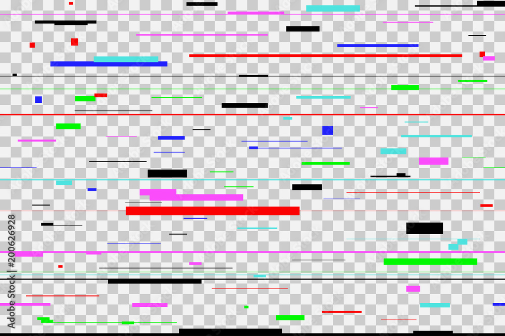 Poster Color glitch background. Digital colorful pixel noise, isolated on transparent. Screen signal error. Vector illustration.