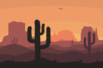 Cactuse and mountains silhouettes, desert landscape. Nature background in sunset with sand hills. Vector illustration.