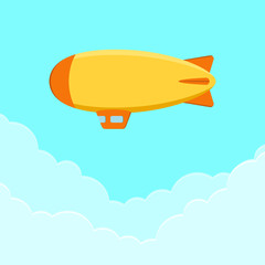 Dirigible, airship or zeppelin. Flying blimp in sky with clouds. Vector illustration.