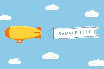 Dirigible with ribbon for message. Airship or zeppelin with banner. Flying blimp in sky with clouds. Vector illustration. © Roman