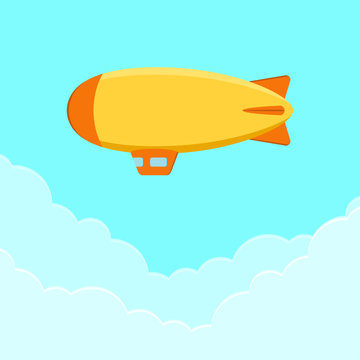Dirigible, airship or zeppelin. Flying blimp in sky with clouds. Vector illustration.