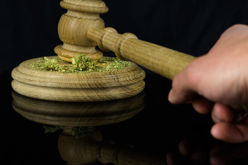 Wooden judge hammer with sound block on the black mirror background - Legality of cannabis, legal and illegal cannabis on  the world.