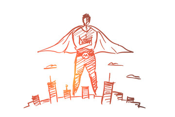 Hand drawn hero man over big city