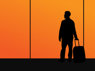 Man with a suitcase is waiting. Black silhouette on against the sunset in the windows of the airport. Vector illustration.
