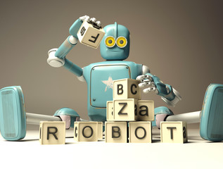 Retro Robot plays with wooden ABC cubes on floore. 3D rendering. Education scientist robot student