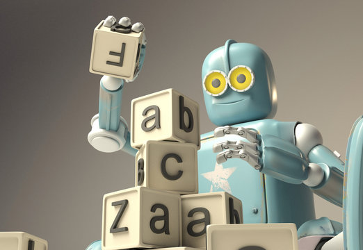 Retro Robot plays with wooden ABC cubes on floore. 3D rendering. Education scientist robot student