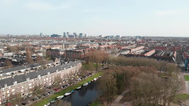 Amsterdam aerial footage, building blocks, park and canal in south district.