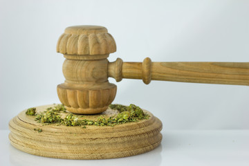 Wooden judge hammer with sound block on the white mirror background - Legality of cannabis, legal and illegal cannabis on the world.