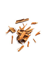 Heap of raw organic cinnamon sticks isolated on a white background. Vertical composition. Top view