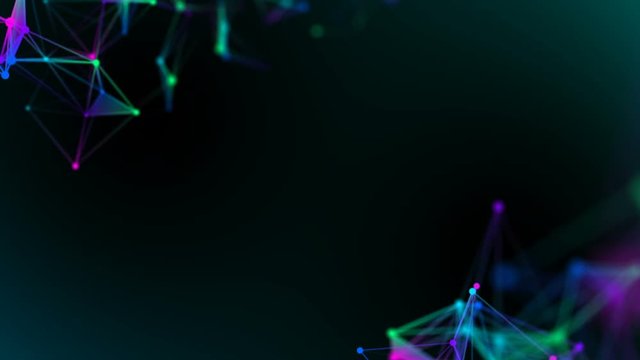 Colored plexus elements in the corners of the screen. Place for text. Multicolored background 2. Cinematic business background. Depth of field. Seamless loop.