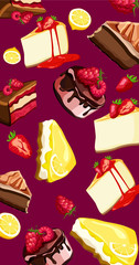 Vinous background with colorful delicious cakes.