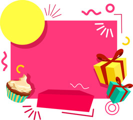 Bright pink background with gifts and cupcake.