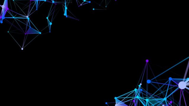 Blue plexus elements in the corners of the screen. Place for text. Black background . Cinematographic business background. Seamless loop.