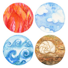 Four natural elements: fire, water, earth and air. Watercolor illustration set. - 200633111