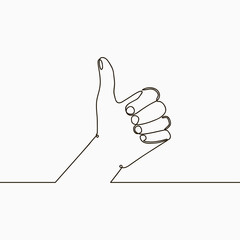 One line drawing of hand showing great sign. Continuous line finger up. Hand-drawn illustration of linear like gesture. Vector.