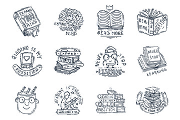 Love reading motivation quote phrases badge logo bubble on book vector illustration.