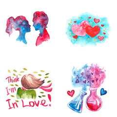 Hand drawn colorful illustration. Romantic watercolor art work set. Couple of lovers, hearts on blue background, girl in love, chemistry of love in flasks.