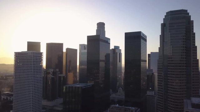 dawn flying left view of downtown LA skyline