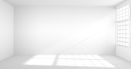 3D Rendering of empty white room with big windows. Mock up interior home or office blank space.