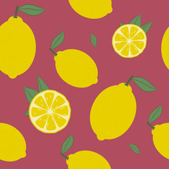 Lemon seamless pattern. Fresh citrus fruit with leaf background. Vector illustration.