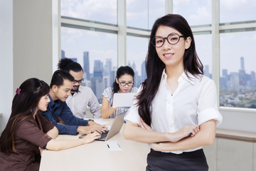 Fototapeta premium Beautiful manager folded hands in the boardroom