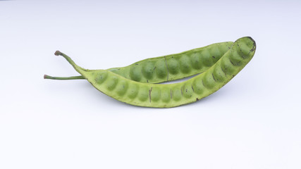 Closeup of Parkia speciosa sheath on white background ( bean petai, twisted, cluster, stink, bitter, sato ).