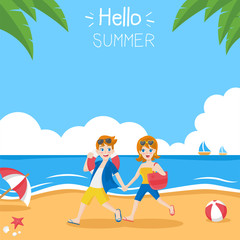 Young couple character in love on summer holidays run on beach, Friendly smiling man woman with sun glasses ready to enjoy vacation, romance, blue sky, red white ball, flat design vector illustration.