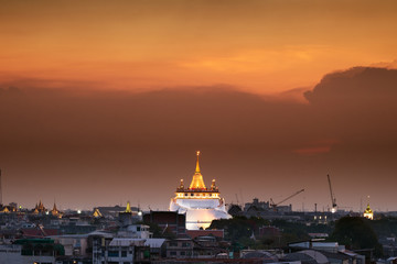 Sunset at Wat Saket and The Golden Mount (Phu Khao Thong), Bangkok, Thailand.