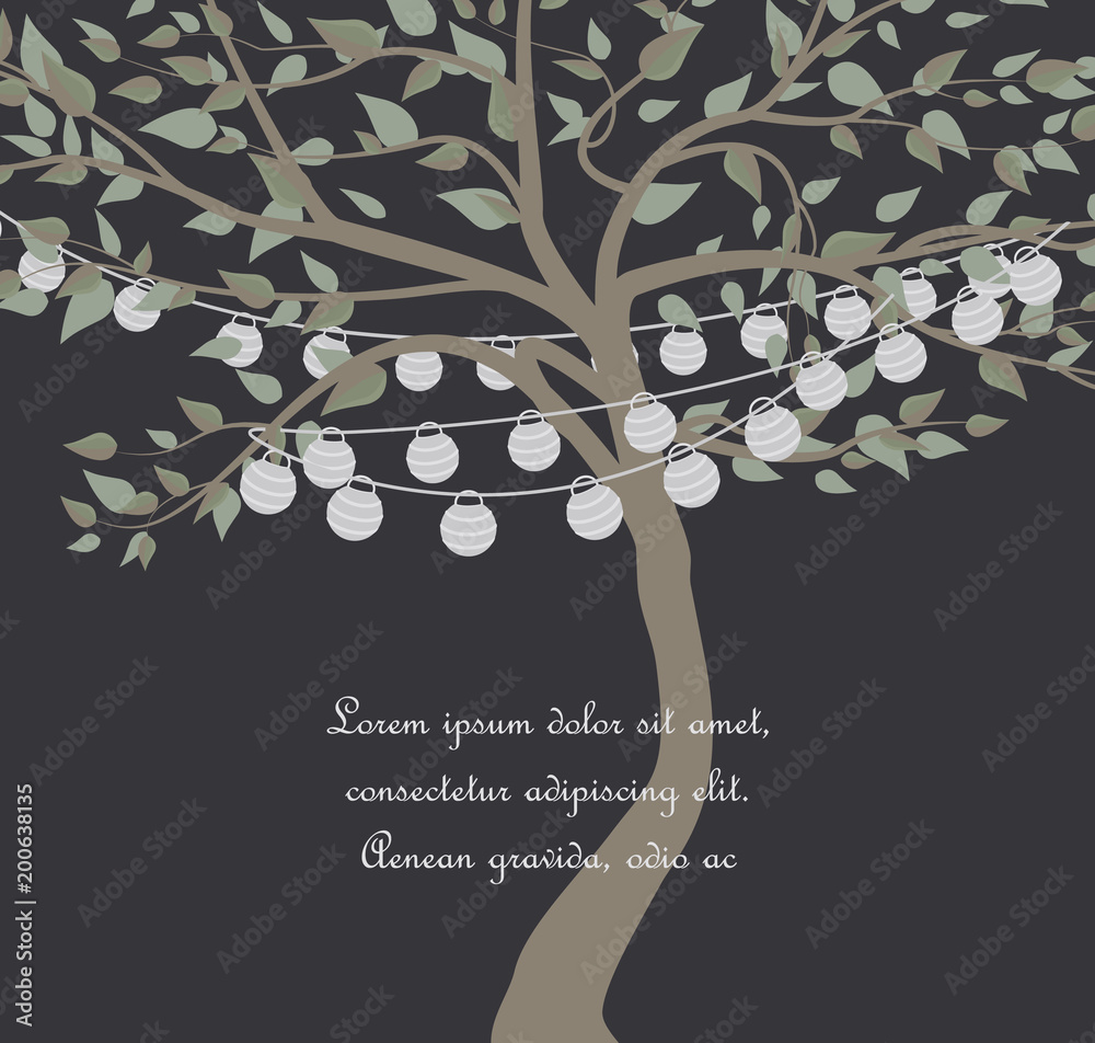 Wall mural vector illustration of a tree with lanterns. cheerful party and celebration