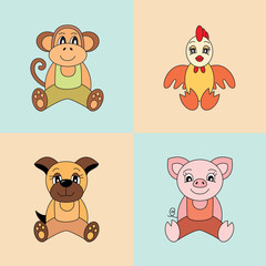 Pig, monkey, rooster, dog,  Vector symbols of the Chinese horoscope 2019, 2028, 2029, 2030, 2031 years. Cute animals: piggy, puppy, chicken