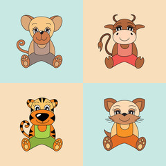 Rat, ox, tiger, cat, symbols of the Chinese horoscope 2020, 2021, 2022 and 2023 years. Cute animals: tabby, bull, kitten, mouse, caw