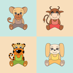 Rat, ox, tiger, rabbit, symbols of the Chinese horoscope 2020, 2021, 2022 and 2023 years. Cute animals: tabby, bull, hare, mouse, caw