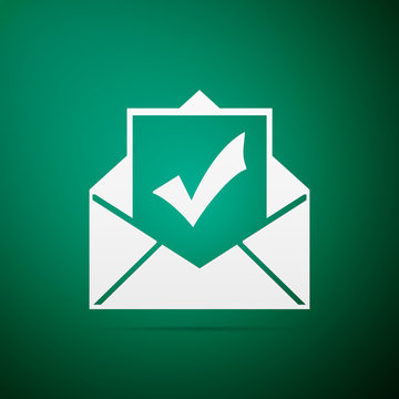 Envelope with document and check mark icon isolated on green background. Successful e-mail delivery, email delivery confirmation, successful verification concepts. Flat design. Vector Illustration