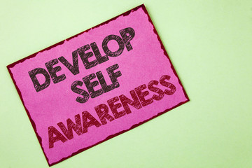 Word writing text Develop Self Awareness. Business concept for What you think you become motivate and grow written on Pink sticky note paper on plain background.
