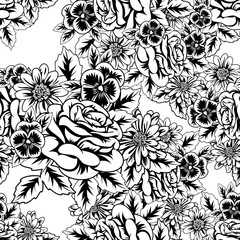 seamless monochrome pattern of flowers for greeting cards, background, price tags