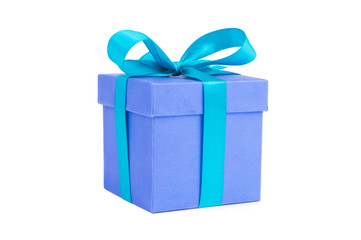 A blue gift box with blue ribbon isolated on white background the image for christmas and new year's day