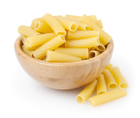 Tortiglioni pasta in wooden bowl isolated on white background with clipping path