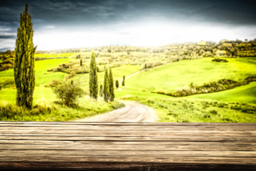 desk of free space and spring landscape of tuscany. 