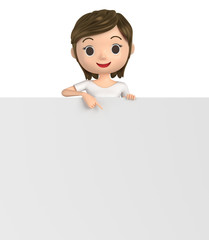 3D illustration character - A woman in a T-shirt points to a white board.