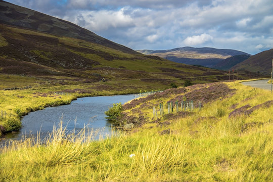 Scottish landscape in Cairngorm Mountains and Glen Clunie river. Royal Deeside between Braemar and Ballater. Aberdeenshire, Scotland, United Kingdom.