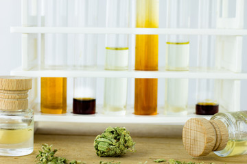 Medical Oil of Cannabis - oil test tubes with rack and small glasses jars with marijuana on the white oak natural wood background.