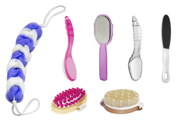 Feet and body hygiene products  isolated on white background, clipping paths included