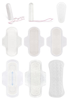 Menstrual tampons and pads for menstruation cycle, isolated on white background, clipping paths included