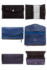 Women wallets. Ccolor stylish leather and fabric wallets collection, isolated on white background, clipping paths included