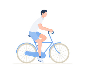 The guy is riding a bicycle. Rest and vacation. Healthy lifestyle. Vector flat illustration