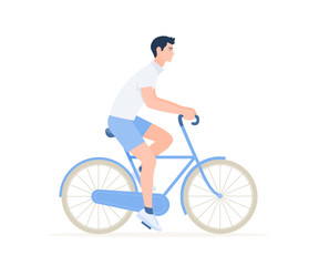Fototapeta premium The guy is riding a bicycle. Rest and vacation. Healthy lifestyle. Vector flat illustration