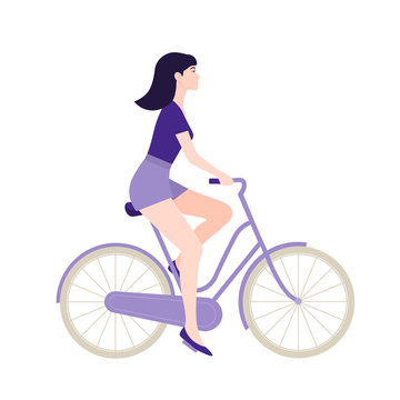 The girl is riding a bicycle. Rest and vacation. Healthy lifestyle. Vector flat illustration.