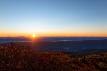 Naklejka na ściany i meble Morning dark sunrise with sky and golden yellow orange autumn foliage in Dolly Sods, Bear Rocks, West Virginia with overlook of mountain valley landscape