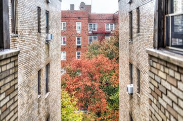 Residential apartment building and street road with sidewalk between in downtown Fordham Heights area in morning rain, fire escape, wet